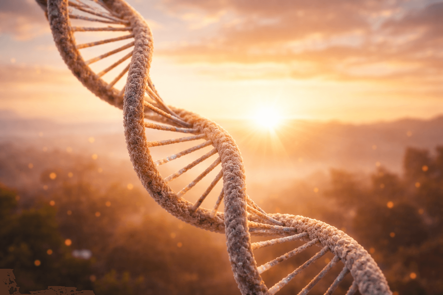 DNA double helix at sunrise — biology and longevity